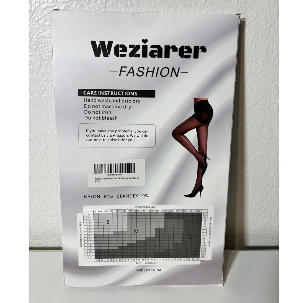 Weziarer NEW Size Medium 3-Pack Black Control Top Reinforced Toes Pantyhose